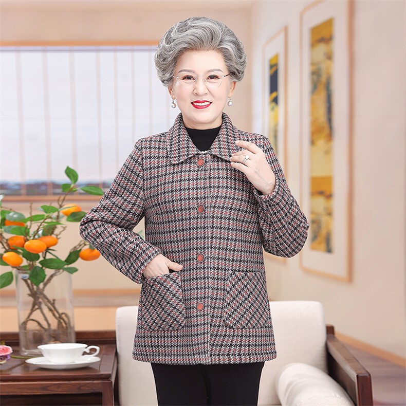 外套格子开衫奶奶装大码长袖扣子衫中老年女装秋冬翻领加绒大衣，女装中老年女装，亚东羊绒制品