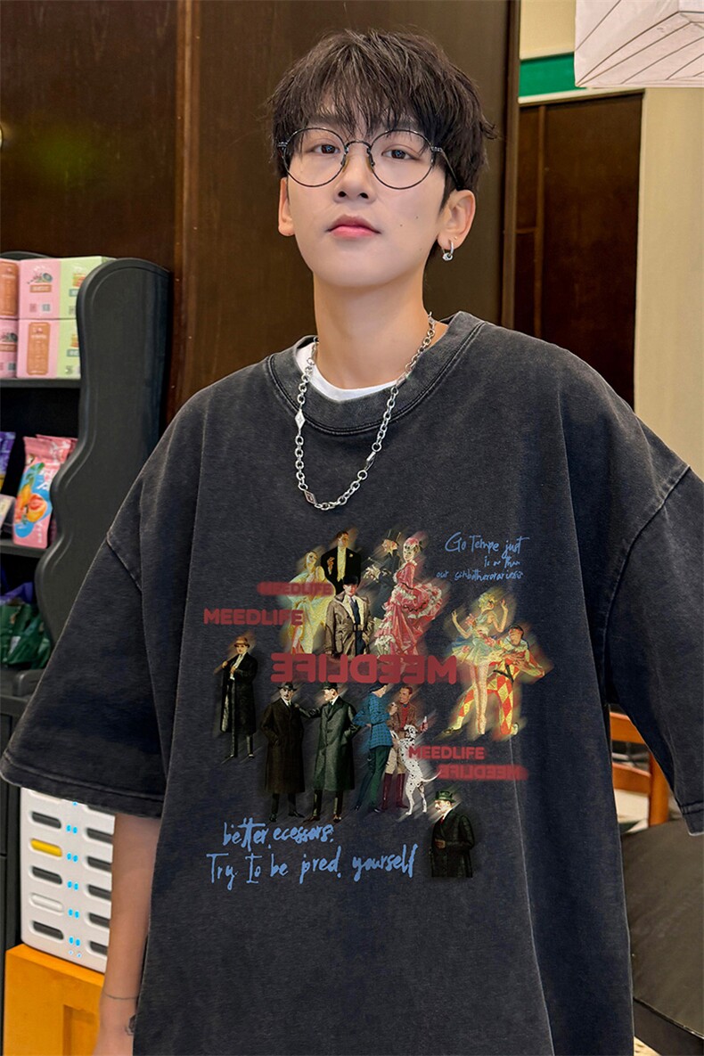 量大优供视频240g重磅美式炒雪花水洗做旧短袖t恤STX537-特P25,男装T恤,电商B371