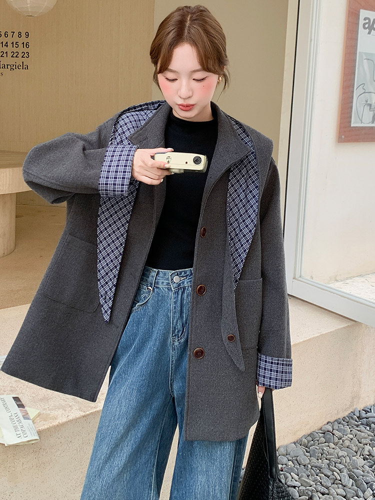 韩系格子拼接毛呢外套女2025冬季宽松显瘦中长款大衣,女装毛呢外套,纯色衣恋