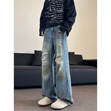 复古破洞牛仔裤男女潮牌痞帅炸街直筒宽松情侣牛仔裤NZK733-P52，男装牛仔裤，星座302B-2