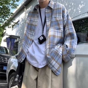格子长袖衬衫男潮牌潮流情侣休闲宽松痞帅衬衣外套 XC252图片