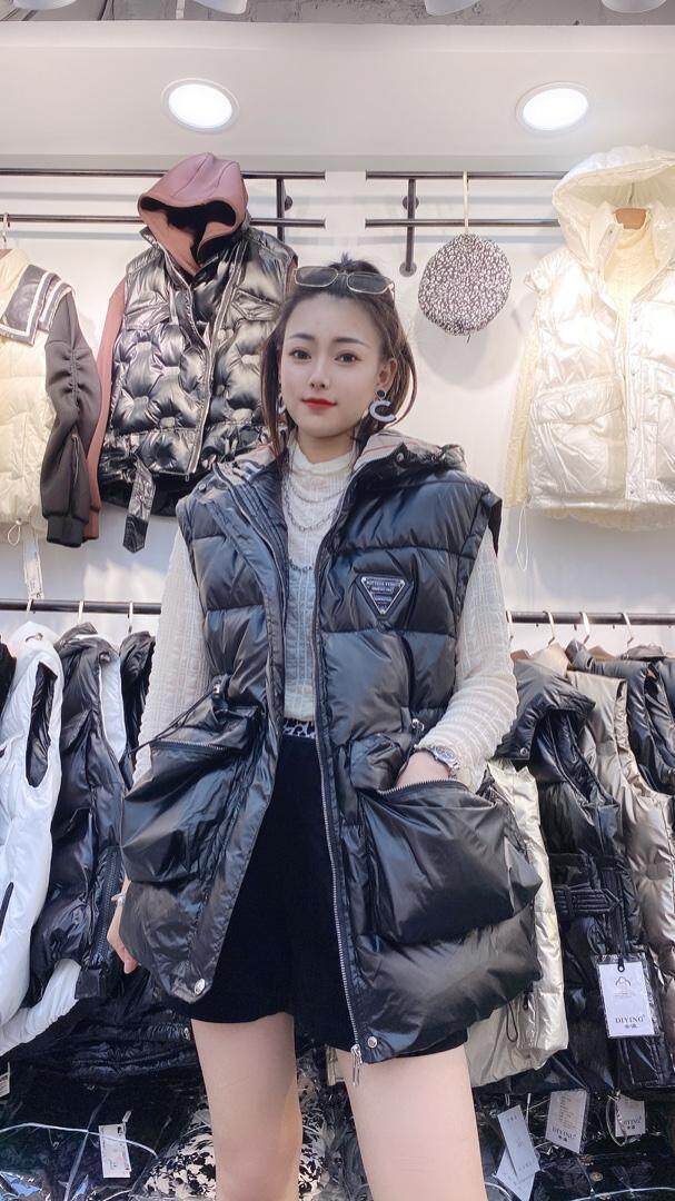 撞色格子帽抽绳马甲，女装马甲，帝瀛 DY