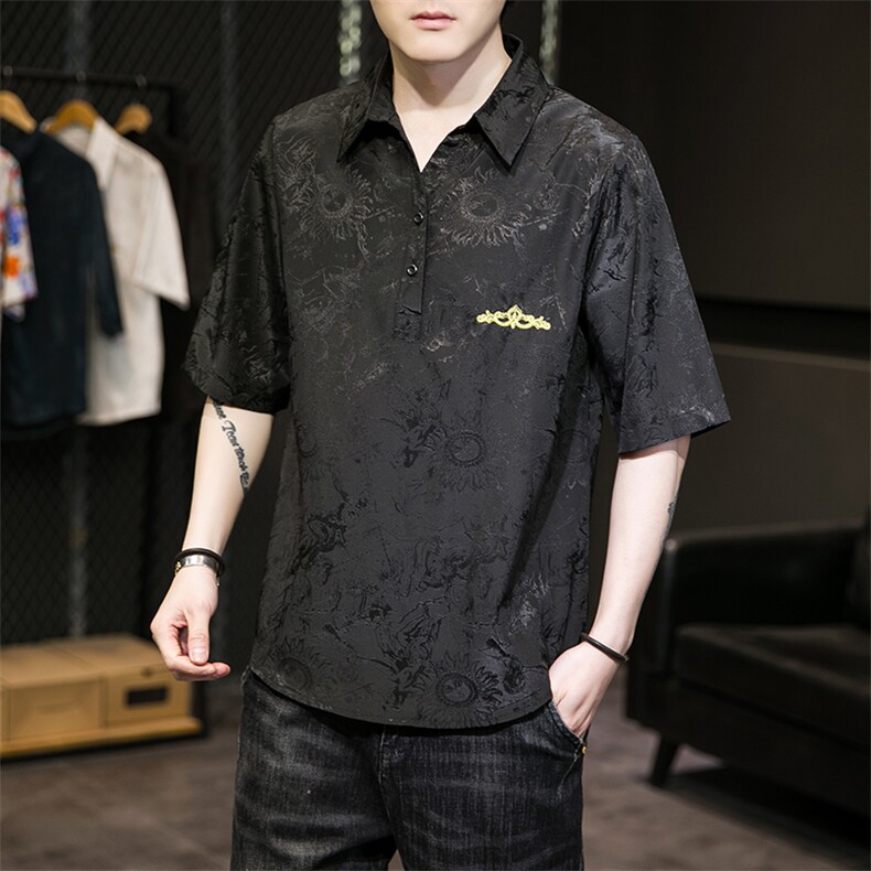 2025新款男士夏季提花短袖T恤衬衫翻领汉服刺锈A227-T2117-P55,男装T恤,电商A227A