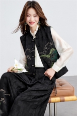 在仓~2026年春夏轻薄背心/马甲上衣两件套刺绣山水画两件套阔腿裤，女装套装/套裙，新依时派