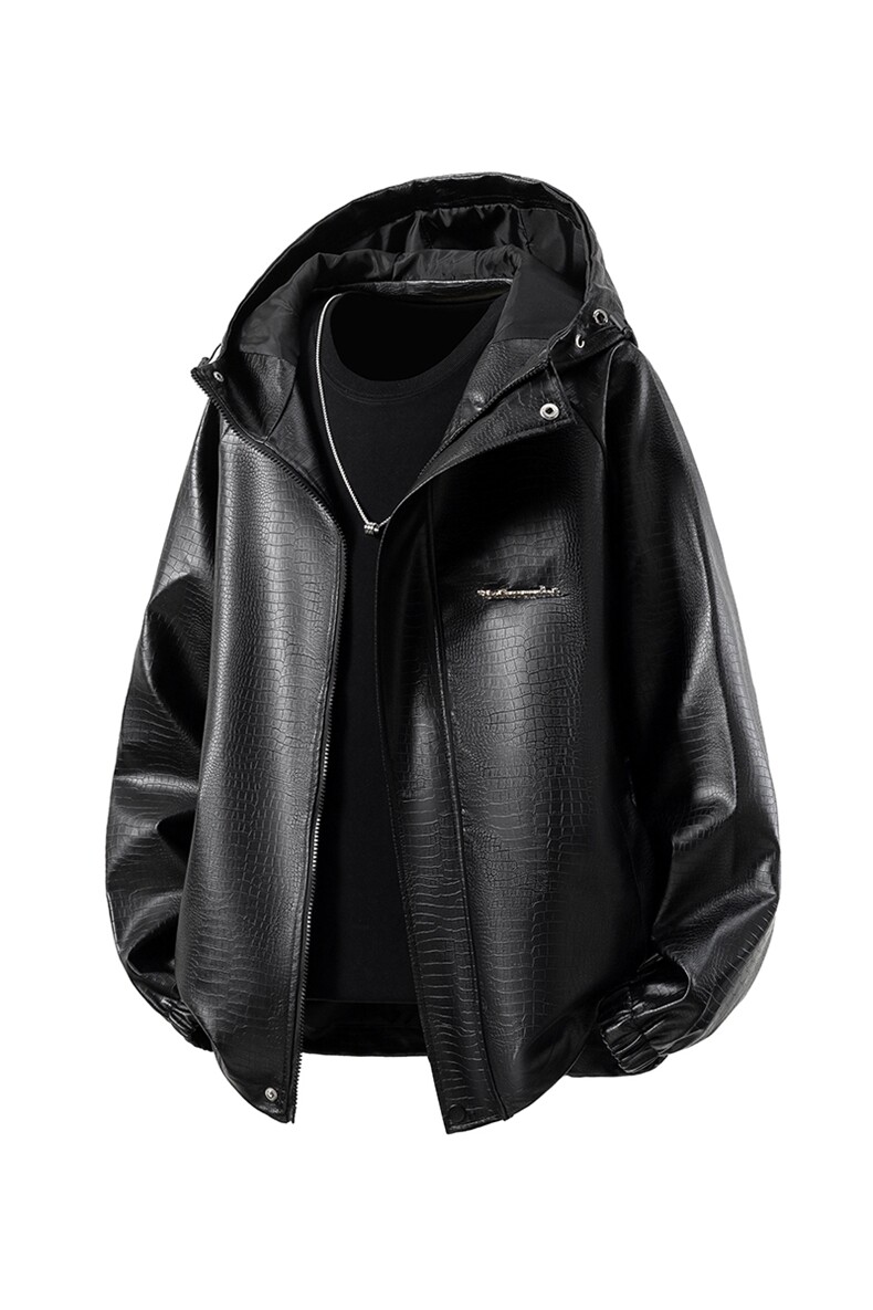 立体白底连帽鳄鱼纹PU皮衣大码M-5XL冲锋衣夹克男JK8744P90控128,男装皮衣,星座227-7