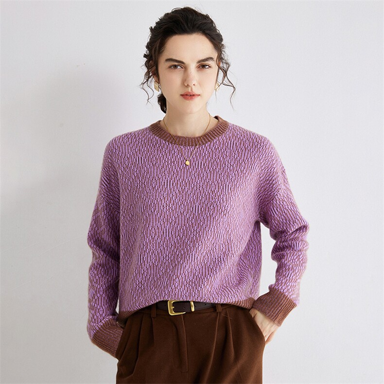 羊绒圆领花纱撞色2024秋季女长袖套头打底衫，女装羊绒衫，旭日羊绒