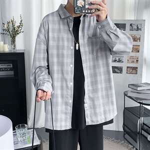 港风新款秋季外穿长袖衬衫男  百搭休闲格子衬衣外套CS22/图片
