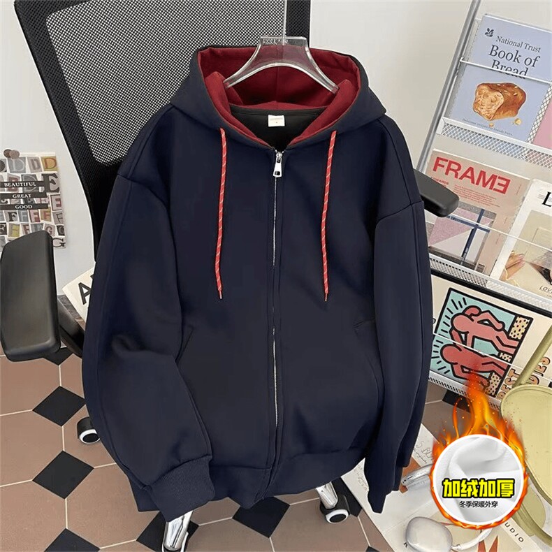 480G重磅加绒硬挺boxy男女秋冬美式高街双层撞色连帽卫衣开衫外套,女装短外套,电商A486