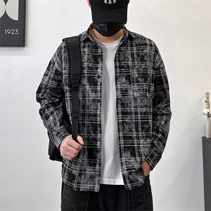 秋季格子衬衫男长袖设计感小众美式破坏毛边衬衣外套情侣翻领C336图片