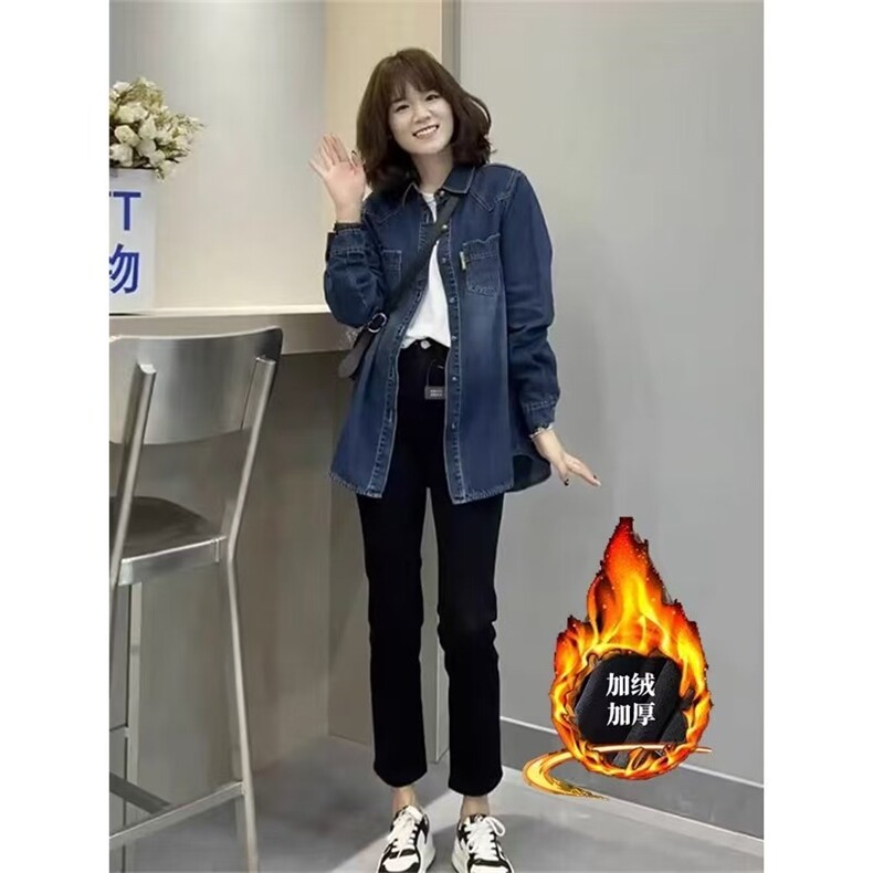 加绒牛仔衬衫女秋冬2025新款宽松设计感叠穿上衣休闲加厚衬衣外套,男装衬衫,星座506A