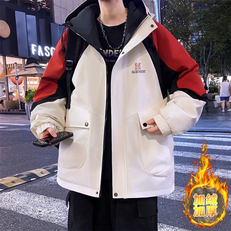 M211-P88加绒加厚夹克秋季新款港风青少年夹克男潮流宽松拼色外套图片