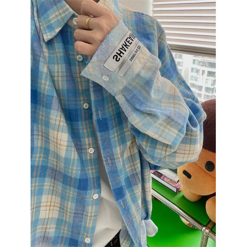 粉色格子衬衫男破坏长袖衬衣美式复古青少年高街外套C001,男装衬衫,星座1116A（原606A-3）