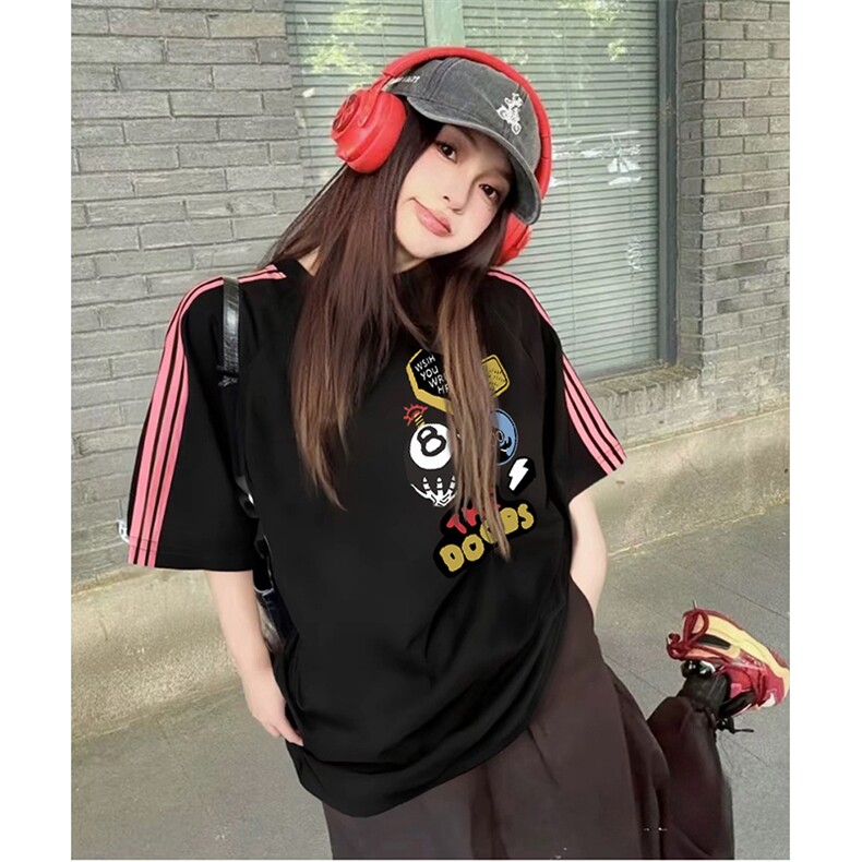 抖音得物品质二开240克宽松纯棉美式潮牌印花三条杠中性风短袖T恤,男装T恤,电商A486