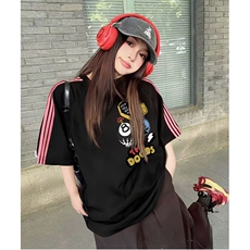 抖音得物品质二开240克宽松纯棉美式潮牌印花三条杠中性风短袖T恤，男装T恤，电商A486