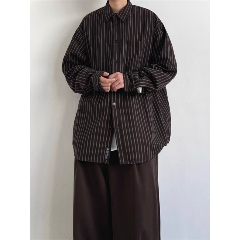 日系复古咖色长袖条纹衬衫男女休闲宽松衬衣外套H380P31,男装衬衫,星座1112-1