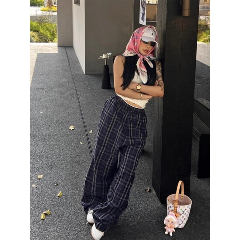 复古格子阔腿裤女2025年秋季新款高腰显瘦宽松垂坠感直筒长裤子,男装休闲裤,四季星座505