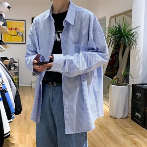 超火条纹衬衫男女设计感小众宽松长袖盐系雾霾蓝内搭衬衣-C383图片