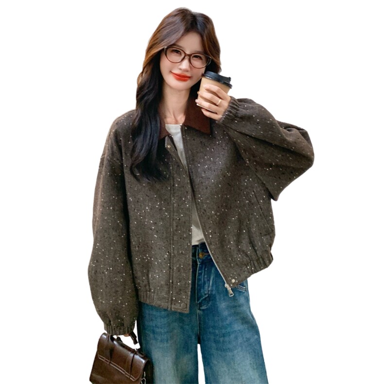 美式复古宽松显瘦翻领工装外套短款夹克女秋冬休闲加厚棒球服,女装短外套,2C166
