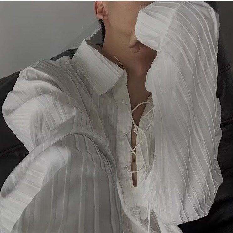 D0128-特P35新款纯色褶皱质感抽绳长袖衬衫男士衬衣-网图现货,男装衬衫,星座603-2