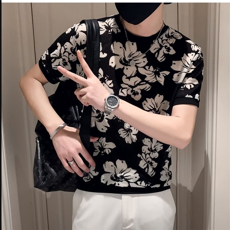 网眼透气冰丝男士t恤短袖潮流潮牌痞帅夏季提花速干薄款凉感上衣,男装T恤,电商B212（原钱塘6029）