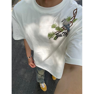 网图有货 美式原创潮牌刺绣罗汉松宽松设计感短袖t恤男女A417-P35图片