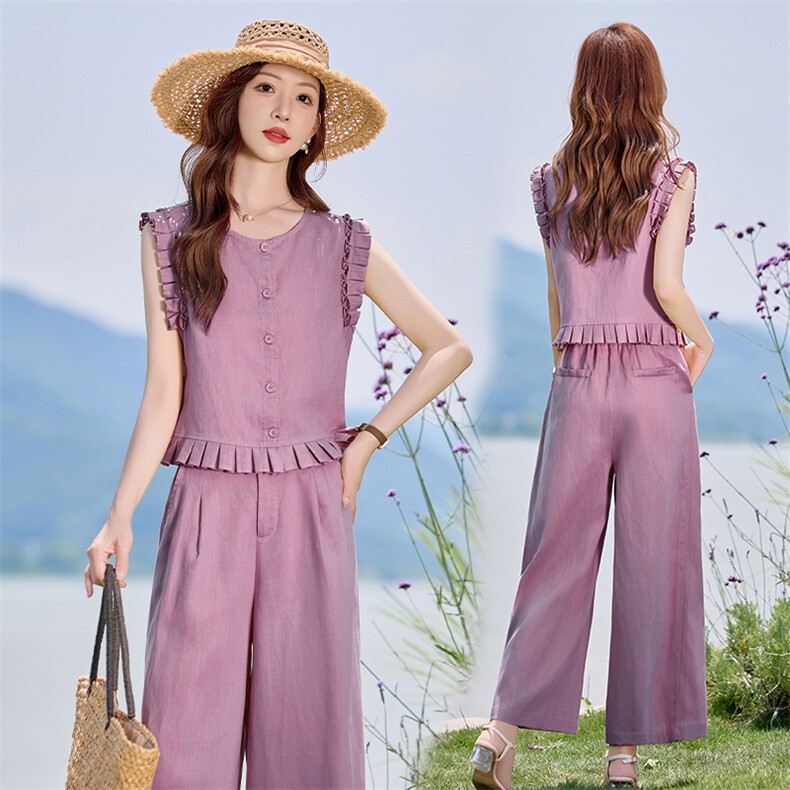 现货。薄料亚麻料阔腿裤两件套女夏时尚气质无袖上衣九分裤套装，女装套装/套裙，E百度