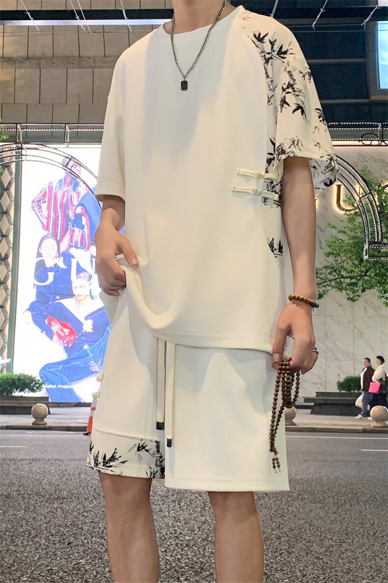 2025夏季新风冰丝垂感拼色T恤宽松休闲五分套装男TZ622P69控118,男装T恤,电商C305A