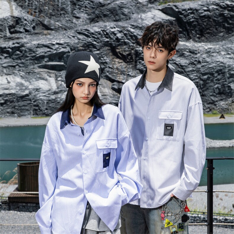 311B-1-YZ7089-P57控105美式潮牌高街条纹衬衫宽松休闲透气上衣,男装衬衫,星座311B-1