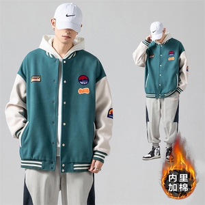 2023冬季款加棉加厚棒球服大码男拼接呢料贴布标棉服J67201-P105图片