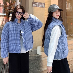 蓝色格纹复古立领棉服女冬季短款设计感可拆卸马甲保暖外套图片