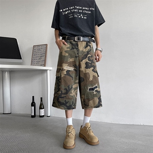 夏季薄款迷彩工装短裤潮牌宽松休闲补丁设计感七分裤图片
