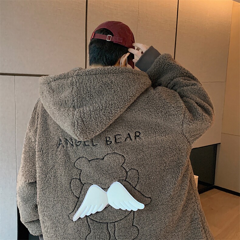 冬季新款宽松小飞熊刺绣羊羔毛棉服连帽棉袄棉衣A071-1009-P120,男装棉衣,电商A071