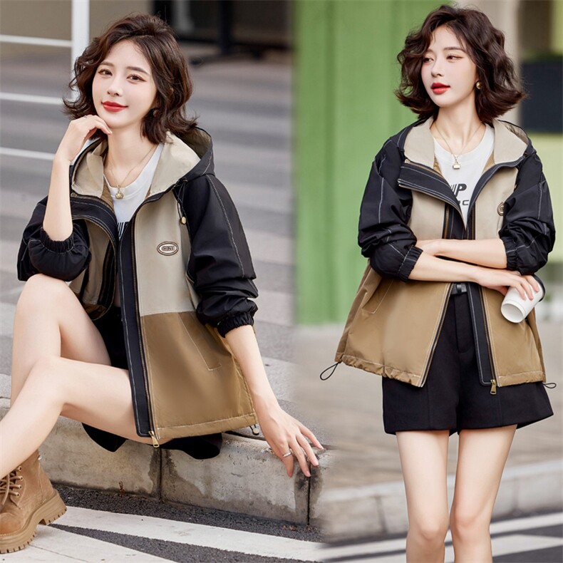 【2024秋新现货】时尚拼接复古潮流连帽风衣外套，女装短外套，慕依路