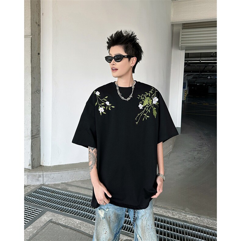 美式高街刺绣花卉短袖t恤男女夏季宽松刺绣字母情侣上衣T5083-P43,男装T恤,星座308B-1