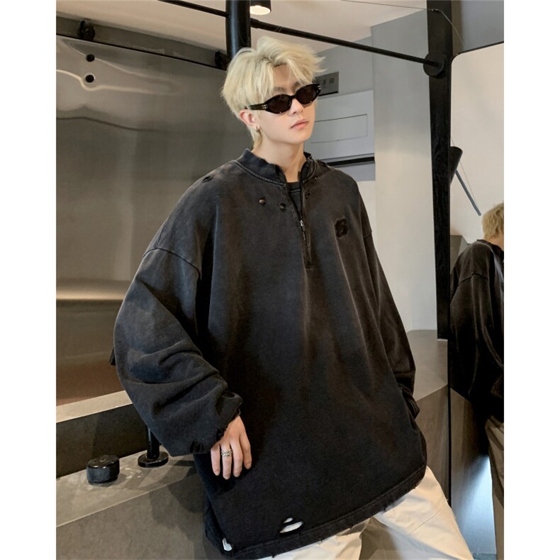706-1-WY605-P65现货秋季男士复古水洗立领半拉链卫衣潮牌外套,女装短外套,星座706-1