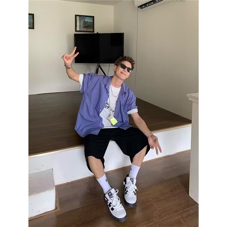 美式复古蓝色格子短袖衬衫宽松休闲高级感百搭叠穿衬衣外套C5248,男装T恤,星座208-5