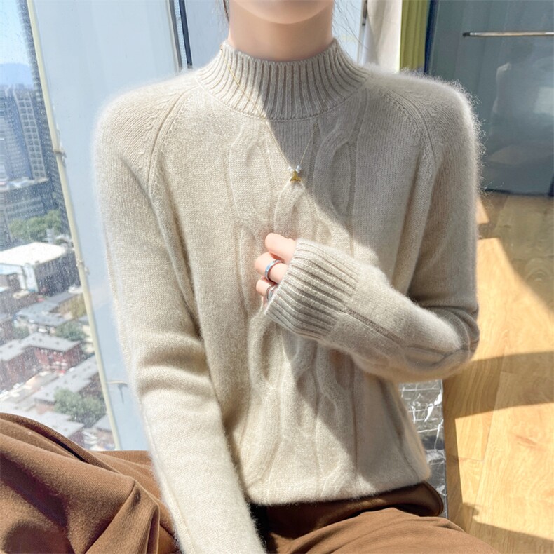100%纯羊毛衫女半高领加厚立体扭花针织衫毛衣宽松慵懒羊绒衫上衣,女装羊绒衫,昭美羊绒