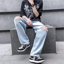 夏季潮流ins潮牌牛仔裤嘻哈街头磨破宽松破洞阔腿长裤男N0729-P40，男装牛仔裤，星座1008