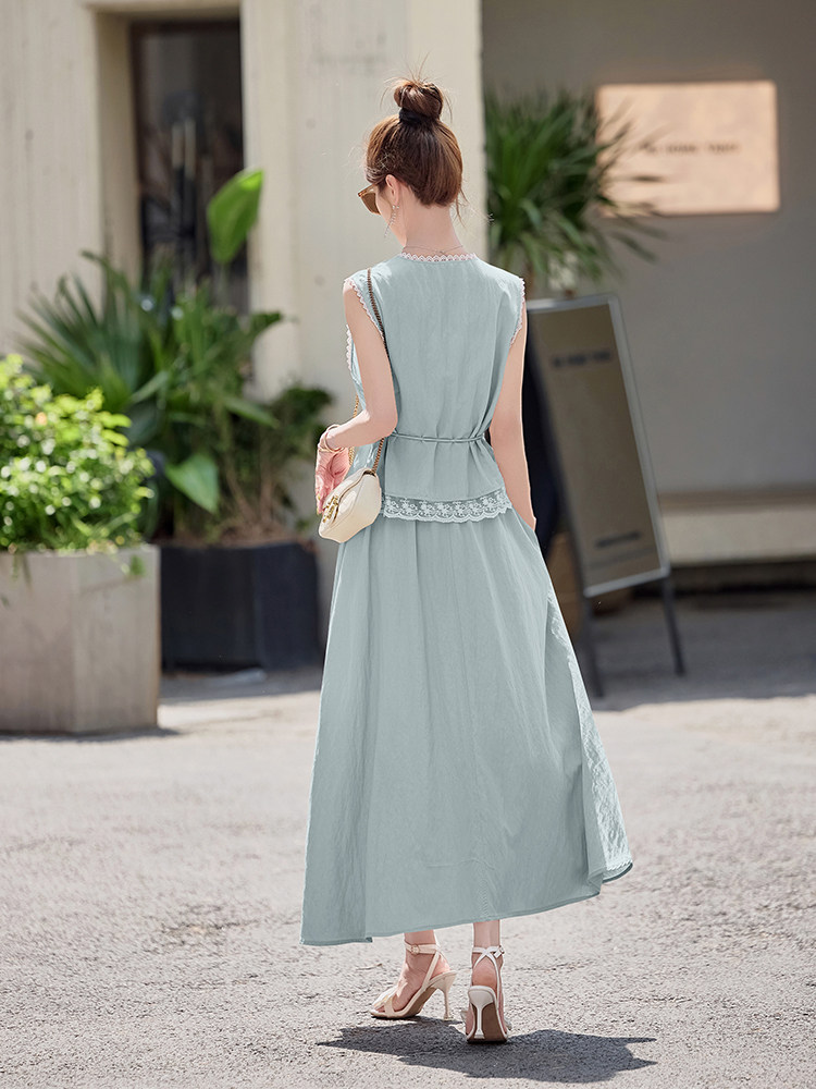 夏季天丝棉麻牛仔连衣裙套装女新款小香风蕾丝马甲半身长裙两件套,女装套装/套裙,依路服饰