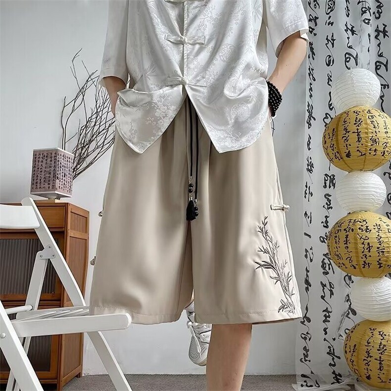 新中式风短裤男夏潮牌新款宽松休闲竹叶刺绣五分裤子K6206-P30，男装休闲裤，星座412-3