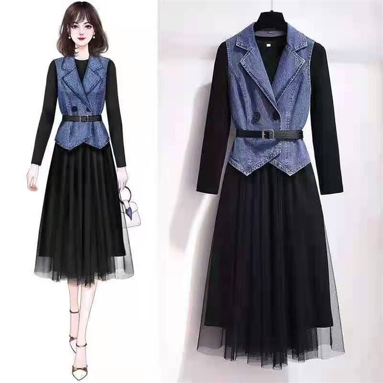 【现货】秋装新款两件套连衣裙牛仔马甲?纱裙，女装连衣裙，萱萱家