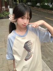 抖音得物品质二开240克宽松纯棉美式潮牌插肩三杠织带短袖T恤，男装T恤，电商A486