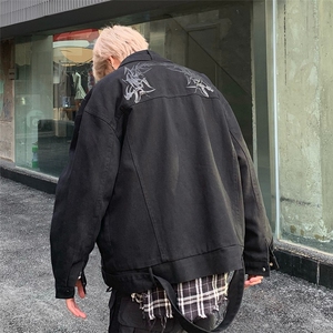 W10664-P78 网图现货 美式复古印花水洗做旧夹克外套立领机车服图片