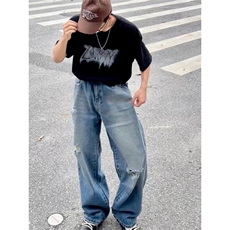 2025季新款欧货设计感复古蓝水洗宽松显瘦阔腿直筒牛仔裤男女，男装牛仔裤，星座506A