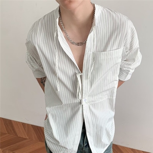 夏季慵懒风条纹衬衫设计感抽绳长袖衬衣防晒男女衬衣CS0049 P50图片