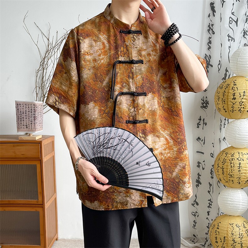 新中式提花风潮T恤短袖大码花色盆扣汉服时尚唐装T2411-P58,男装T恤,电商A227