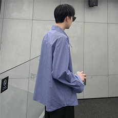 美式复古蓝色格子长袖衬衫男女宽松休闲百搭衬衣外套CS06-P48，男装衬衫，电商C307A