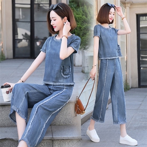 夏装女2025款韩版时尚休闲牛仔套装洋气两件套高腰坠感天丝阔腿裤图片