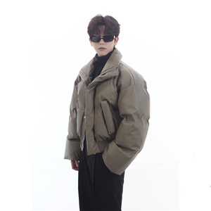 现货5W件冬季三防重磅硬挺boxy短款羽绒立领PU皮棉衣外套加厚棉服图片