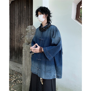新中式风牛仔短袖衬衫男女夏季新款宽松复古盘扣上衣S9866-p65图片